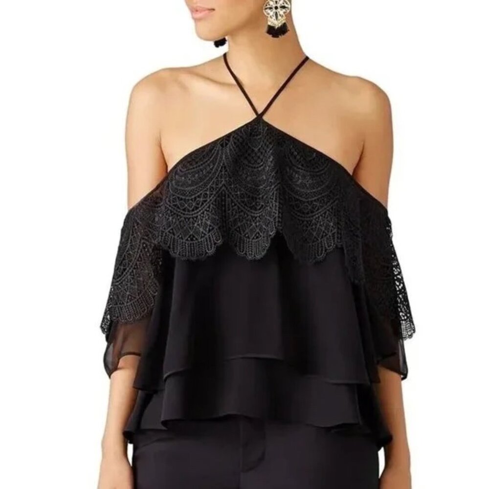 Cinq à Sept Fleur‎ Halter Tiered Silk Lace Cold Shoulder Tie Top Small NWOT